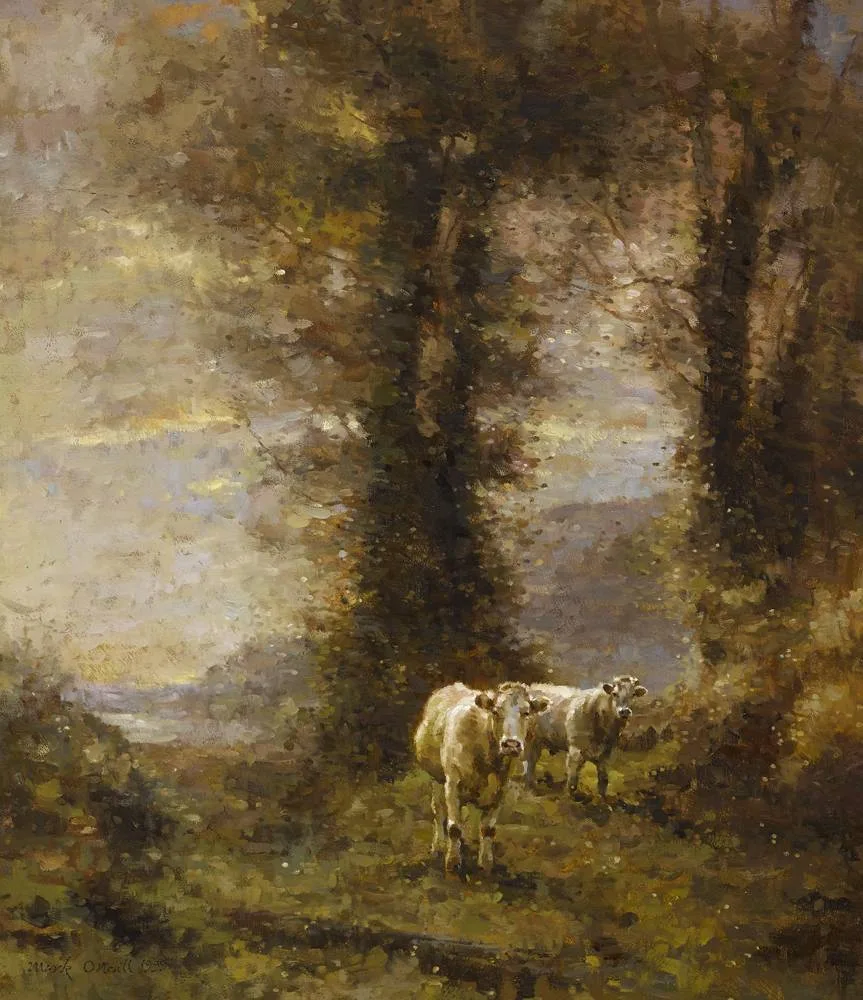 CATTLE IN A LANDSCAPE by Mark O'Neill, 1999, oil on board, sold Feb 2018
