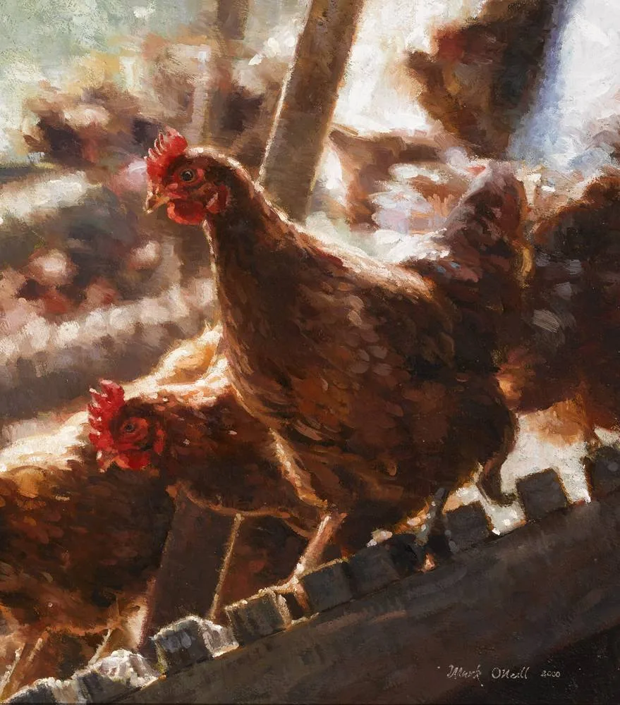 HENS by Mark O'Neill, 2000, oil on board, offered Feb 2018