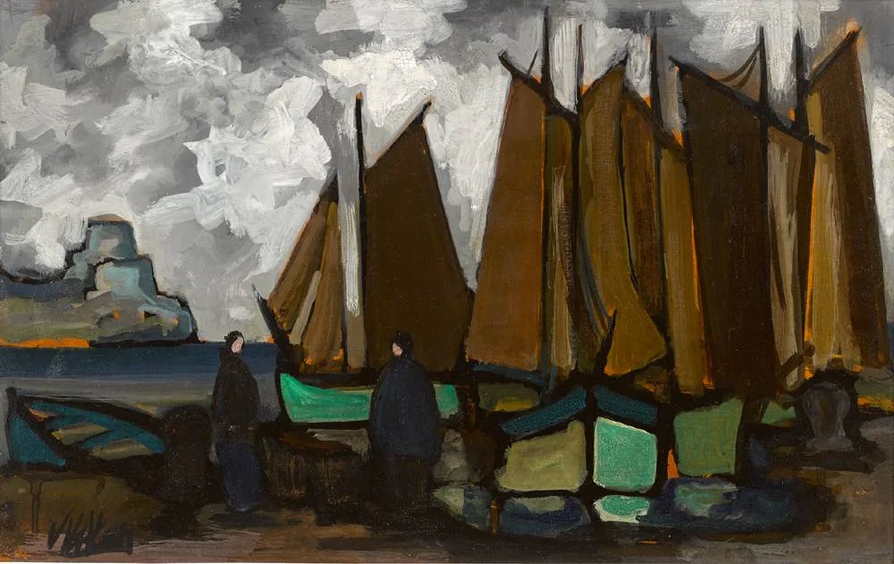 GALWAY HOOKERS BY A QUAY by Markey Robinson, oil on board, offered Feb 2018