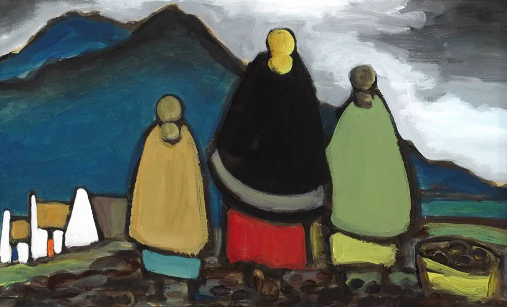 THREE SHAWLIES by Markey Robinson, gouache, sold Feb 2018