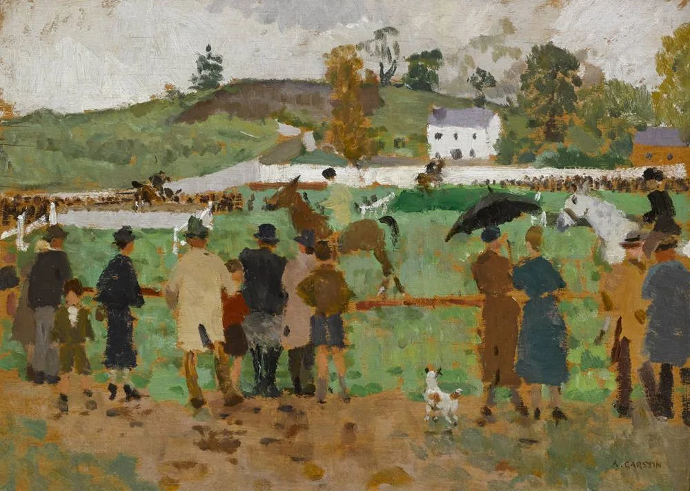 LITTLE RACE MEETING, BALLINASLOE, COUNTY GALWAY by Alethea Garstin, oil on board, sold Feb 2018
