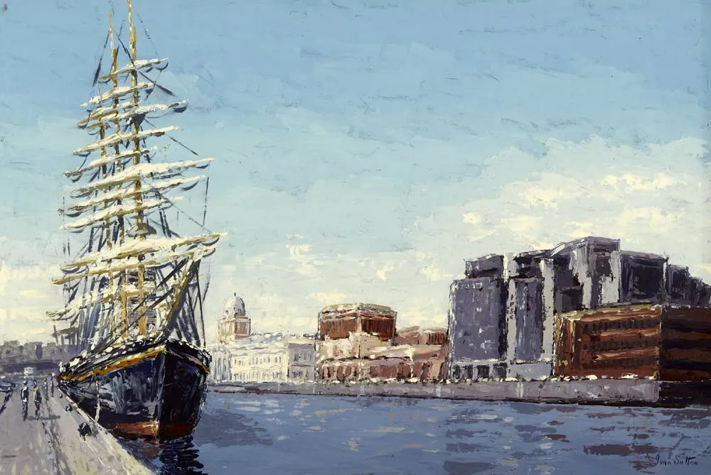 TALL SHIP BERTHED AT SIR JOHN ROGERSON'S QUAY, DUBLIN by Ivan Sutton, oil on board, sold Feb 2018