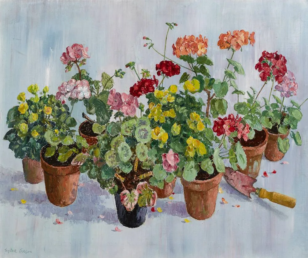GERANIUMS AND BEGONIAS by Robert Taylor Carson, 1992, oil on canvas, offered Dec 2017