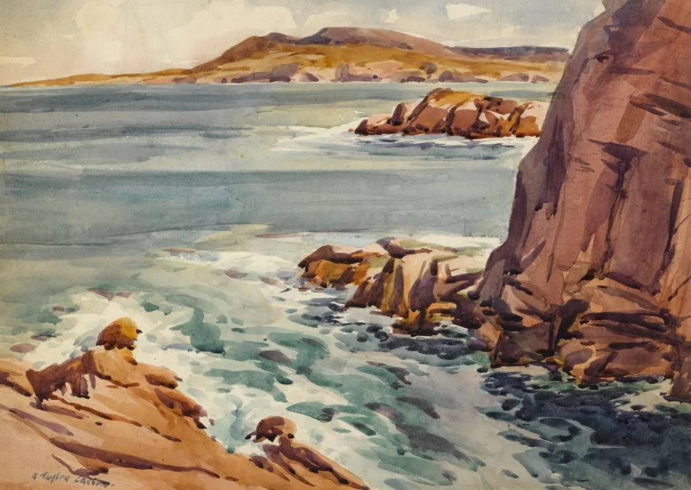 BREAGHY HEAD, SHEEPHAVEN BAY, COUNTY DONEGAL by Robert Taylor Carson, watercolour, offered Dec 2017