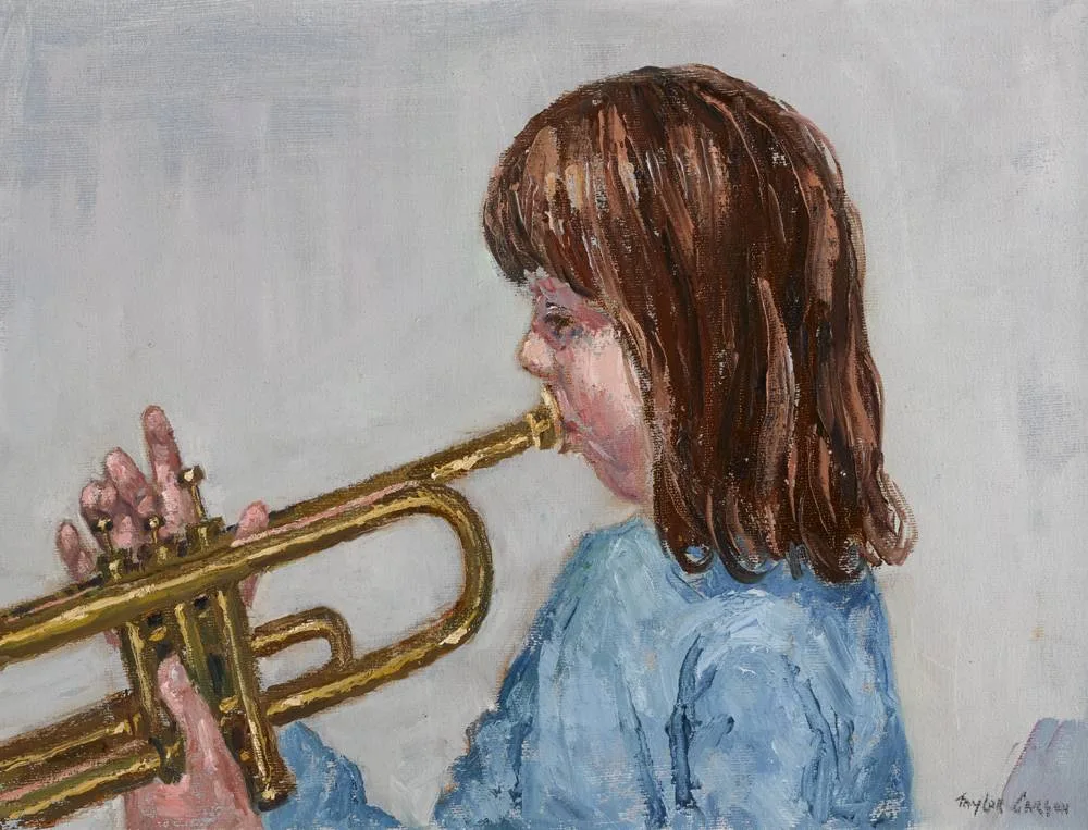 THE YOUNG BRASS PLAYER by Robert Taylor Carson, 1990, oil on canvas, offered Dec 2017
