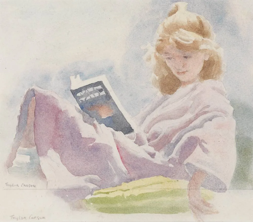 GIRL READING by Robert Taylor Carson, watercolour, sold Dec 2017