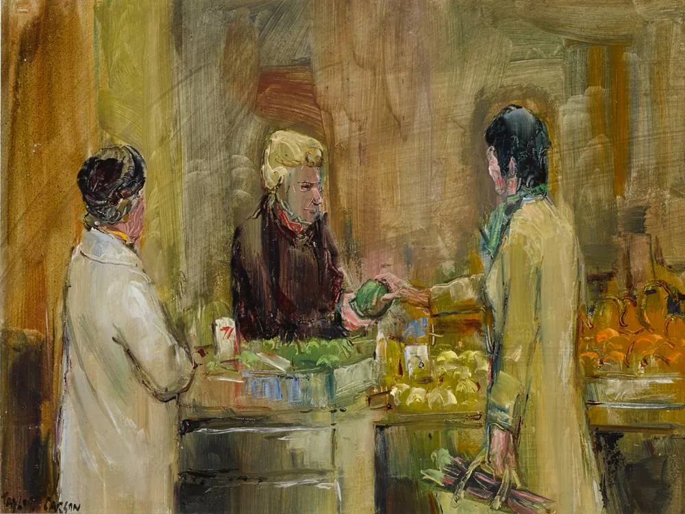 THE FRUIT STALL by Robert Taylor Carson, 1974, oil on panel, offered Dec 2017