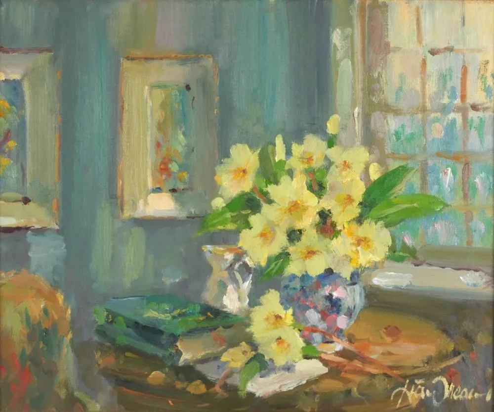 STILL LIFE WITH PRIMROSES by Liam Treacy, 1993, oil on canvas, offered Dec 2017