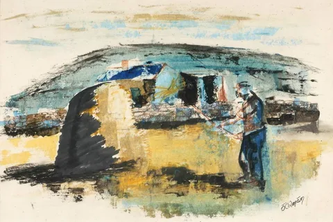MAN STACKING HAY by Séamus Ó Colmáin, watercolour, sold Dec 2017