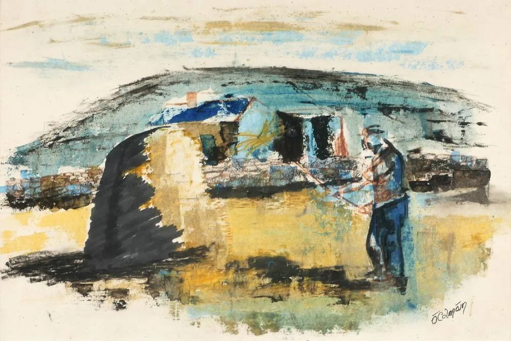 MAN STACKING HAY by Séamus Ó Colmáin, watercolour, sold Dec 2017