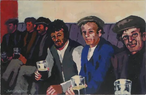 John Skelton, MEN AT THE PUB, oil on board