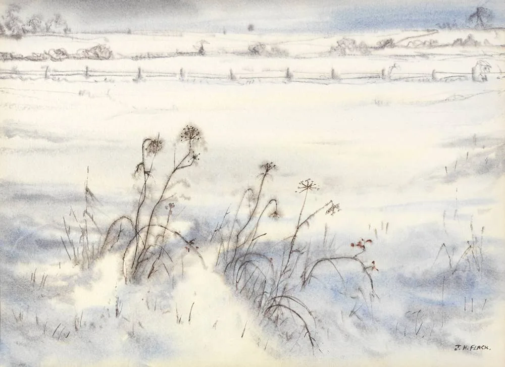 WAYSIDE IN WINTER by James Hall Flack, 1980, watercolour, sold Dec 2017