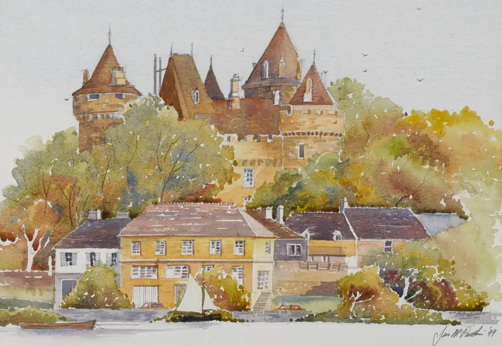CASTLE BY A RIVER by Jim McPartlin, 1999, watercolour, offered Dec 2017
