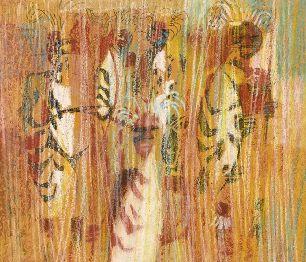 WARRIORS by George Campbell, pastel on tinted paper, sold Dec 2017