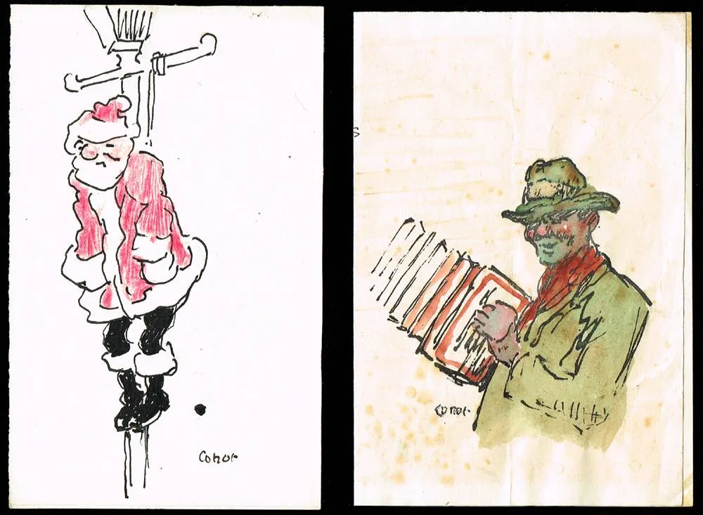 William Conor, PAIR OF CHRISTMAS CARDS [c.1964], watercolour; (1); hand-coloured print; (1); (unframed)