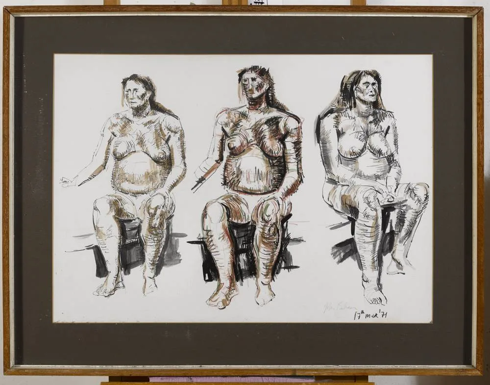 THREE STUDIES OF A SEATED NUDE by John Behan, 1971, pen and ink over pencil with wash, offered Dec 2017
