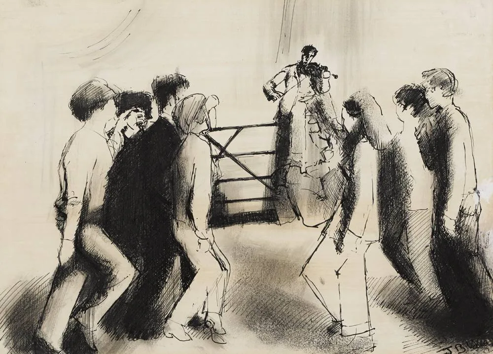 FIDDLER AND DANCERS by John B. Vallely, pen and ink, offered Dec 2017