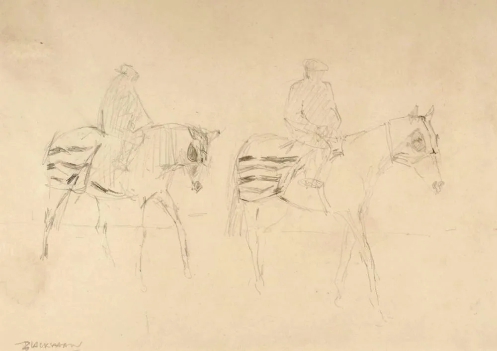 Basil Blackshaw, FIGURES ON HORSES, pencil