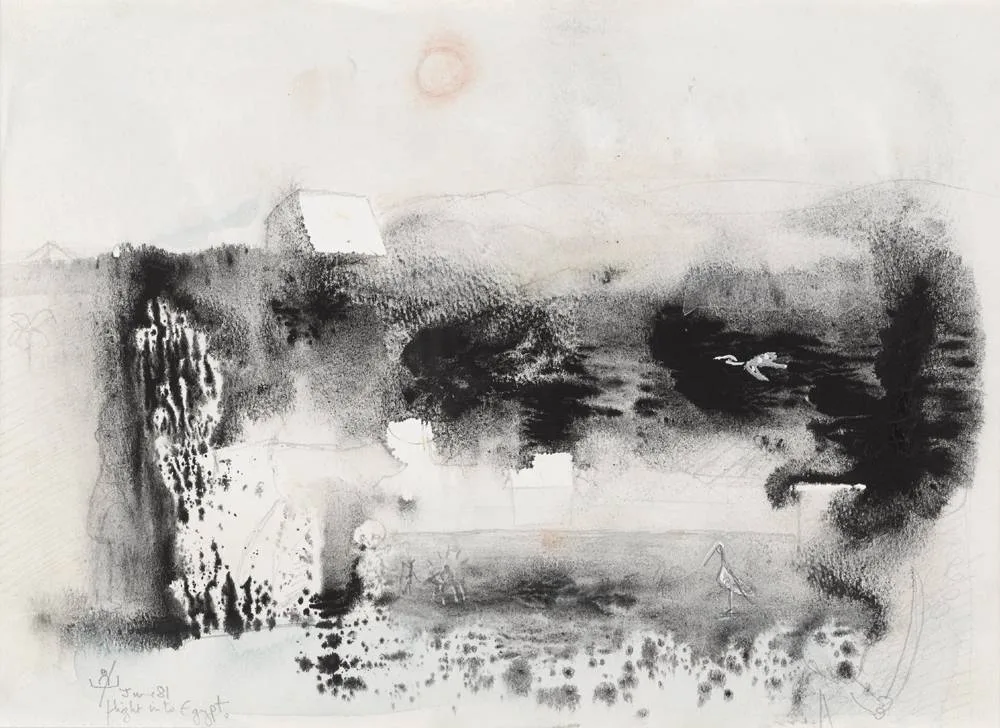 FLIGHT INTO EGYPT by John Kingerlee, 1981, pencil and watercolour, offered Dec 2017
