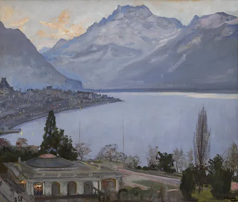 Sir John Lavery, EVENING, MONTREUX, oil on canvas board
