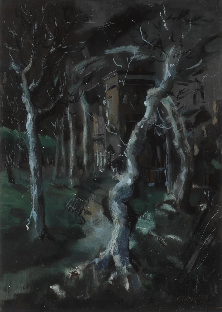 BLITZED TREES by George Campbell, oil on panel, offered Nov 2017