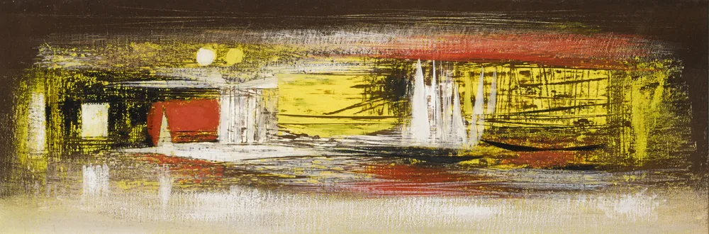 HARBOUR, RED AND YELLOW by Kenneth Mahood, oil and mixed media on board, sold Nov 2017