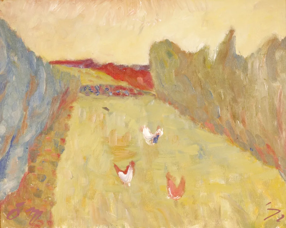 THE THREE HENS by Tony O'Malley, 1971, oil on canvas board, sold Nov 2017