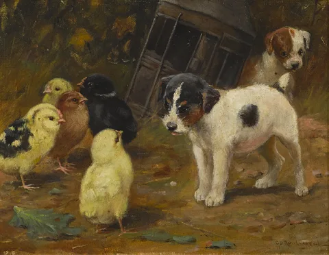George Derville Rowlandson, PUPPIES AND CHICKS and SLEEPING PUPPIES AND CHICKS (A PAIR), oil on canvas