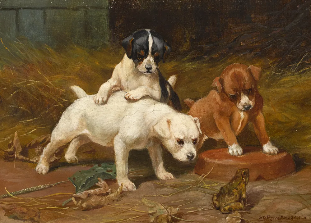 George Derville Rowlandson, PUPPIES EXAMINING A FROG and PUPPIES TEARING A LETTER (A PAIR), oil on canvas