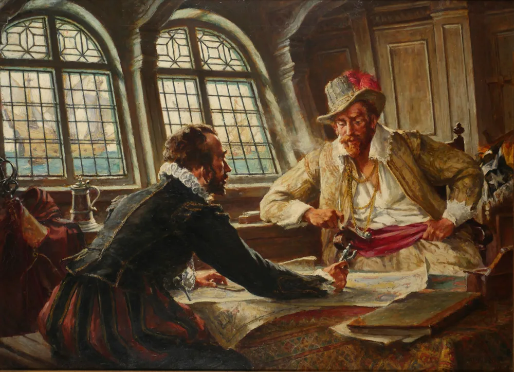 Arthur David McCormick, DRAKE AND FROBISHER DISCUSSING PLANS TO FOIL THE SPANISH ARMADA [1587] 1941, oil on canvas
