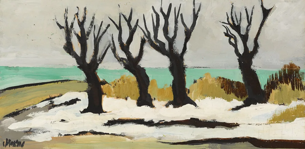 TREES IN SNOW by Markey Robinson, oil on wood, sold Nov 2017