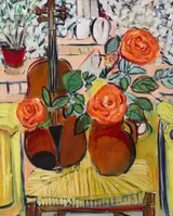 Elizabeth Cope, ORANGE ROSES WITH UPRIGHT VIOLIN ON CHAIR