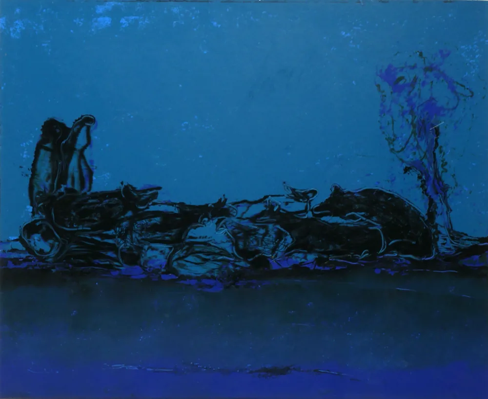 CATTLE SHELTERING by Edward Delaney, 1979, oil and wax on board, sold Oct 2017