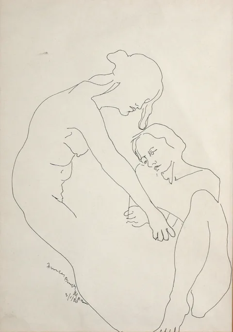 ARTIST AND MODEL by Frances Bunch Moran, 1980, pen & ink on paper, sold Oct 2017
