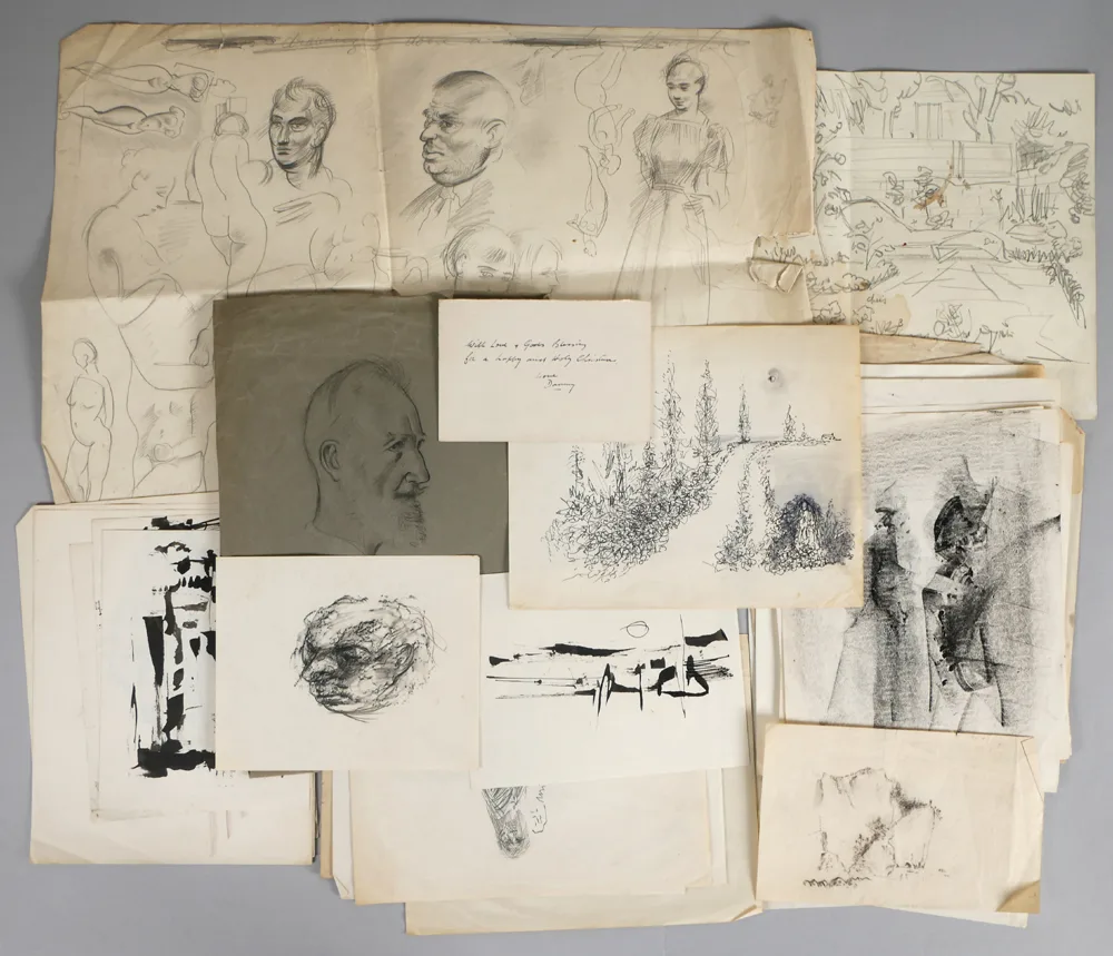 Daniel O'Neill, ARCHIVAL COLLECTION OF DRAWINGS AND SKETCHES, pencil, charcoal, ink, watercolour; (all unframed; some double-sided); (40 works approx)