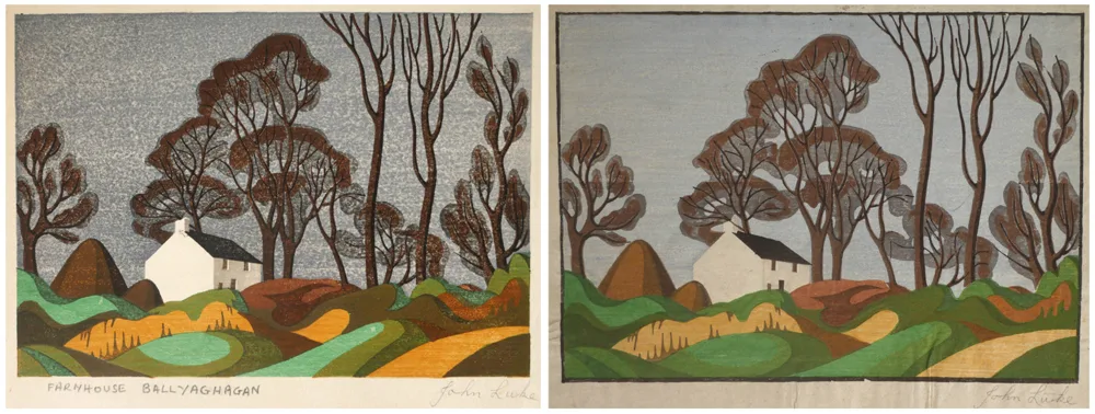 FARMHOUSE, BALLYAGHAGAN by John Luke, 1940, woodblock in colours; (2); (one trial proof), sold Oct 2017