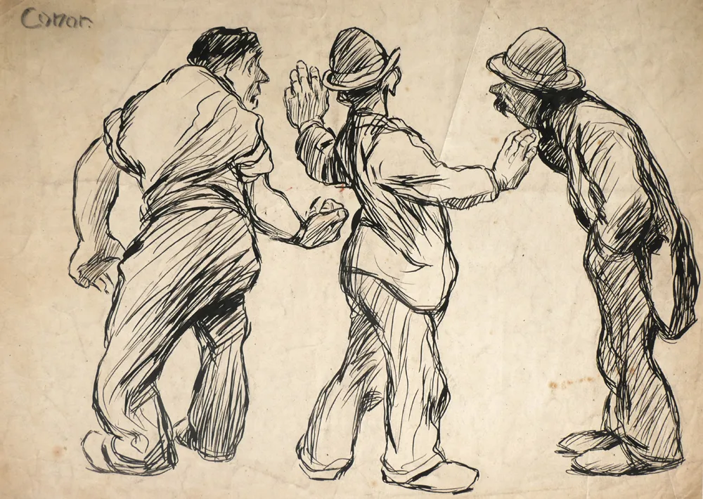 THREE FIGURES by William Conor, pen and ink; (unframed), sold Oct 2017