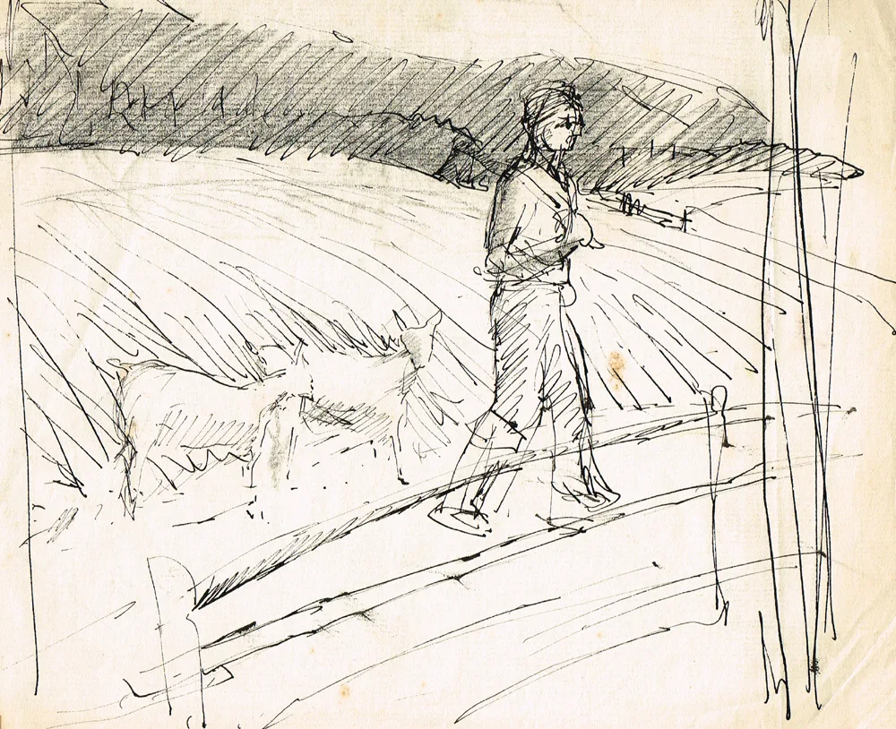 FIGURE WITH SHEEP by Basil Blackshaw, ink; (unframed), offered Oct 2017