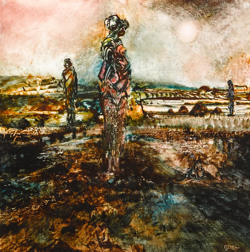 FIGURES IN THE BOG by Malcolm Bennett, oil on board, offered Oct 2017