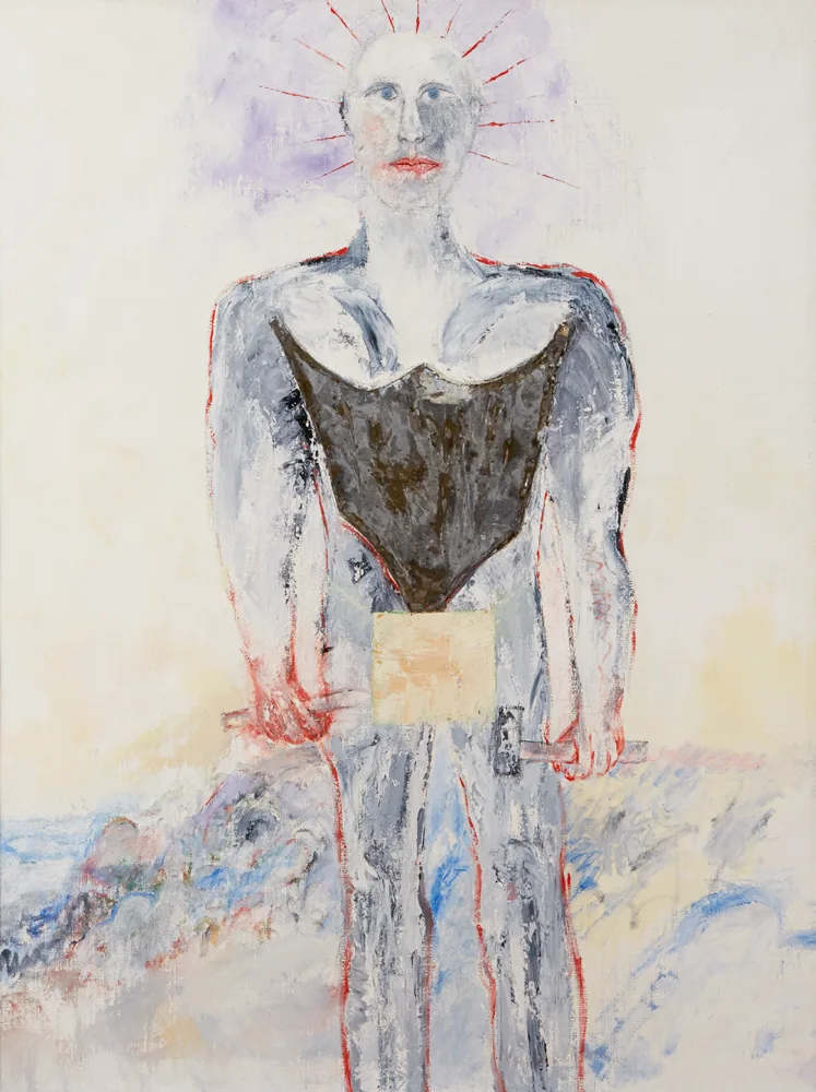STANDING FIGURE WITH TOOLS by Michael Geary, 2000, oil with collage element on canvas, offered Oct 2017