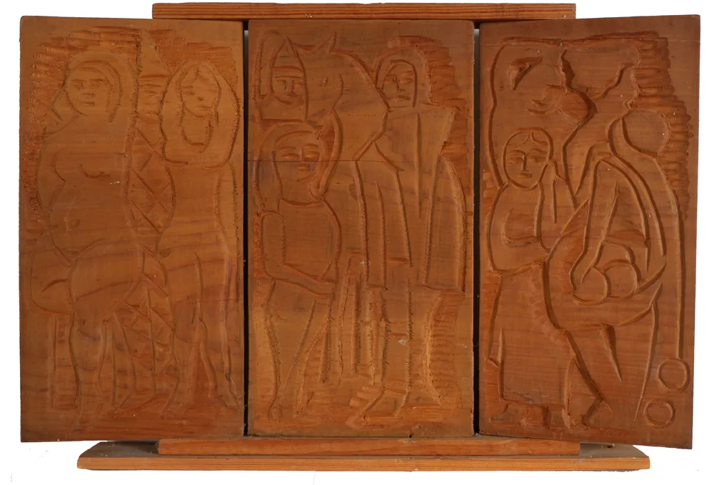 CARVING (TRYPTICH) by Markey Robinson, wood carved relief, sold Oct 2017