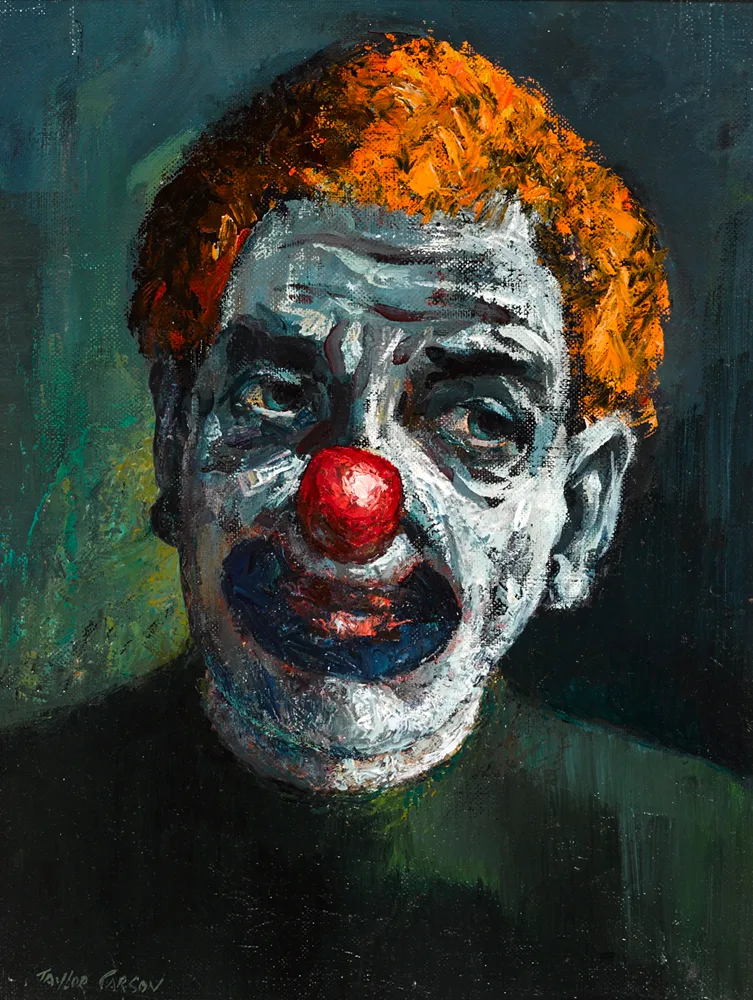 THE RED HAIRED CLOWN by Robert Taylor Carson, oil on board, sold Oct 2017
