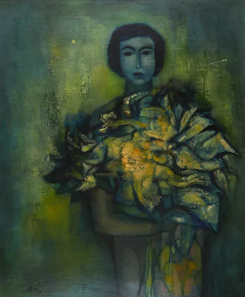 Tate Adams, WOMAN WITH FLOWERS, 1958, oil on board