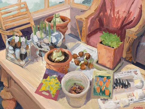 Brian Vahey, POTTING BULBS, OCTOBER, oil on board