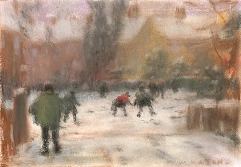 William Mason, COUPLES, CHILDREN PLAYING AND THE SCHOOL HOUSE (SET OF SEVEN), pastel on paper; (6); (unframed)