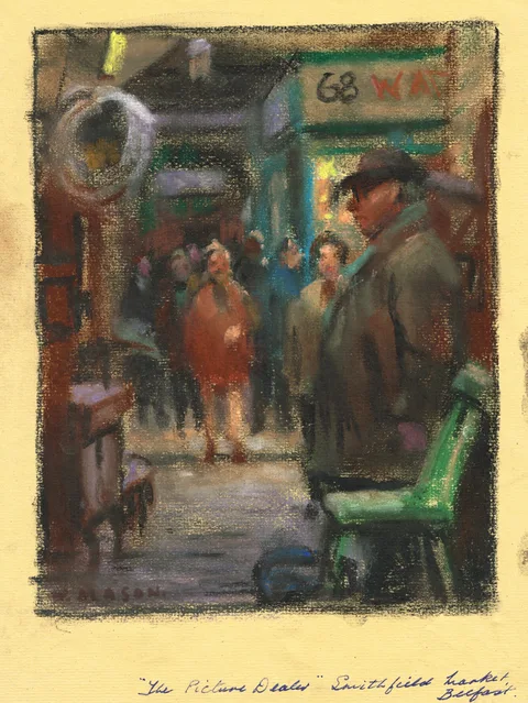 William Mason, THE PICTURE DEALER, SMITHFIELD MARKET, BELFAST, pastel on paper; (unframed)