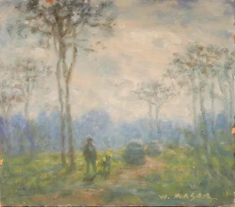 FIGURE WITH DOG by William Mason, oil on board; (unframed), offered Oct 2017