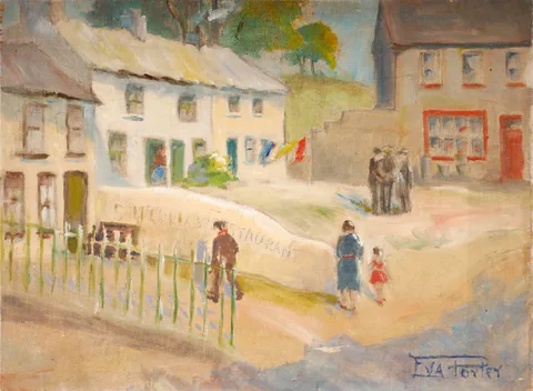 Eva Porter, STREET SCENE [S. MCCULLA'S RESTAURANT] and STREET SCENE and STILL LIFE, PRIMULA and LANDSCAPE WITH GORSE (SET OF FOUR), oil on board; (all unframed)
