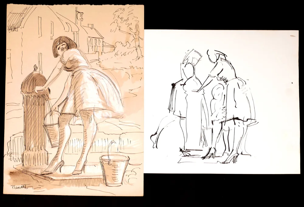 SKETCHES (SET OF SIX) by Patrick Leonard, pencil; (2) pen; (3); pen and pastel; (1) on paper, sold Oct 2017