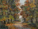 Ronald Ossory Dunlop, A WOODED PATH IN AUTUMN WITH GLIMPSE OF WATER BEYOND